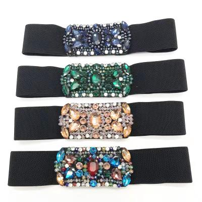 China Amazon Elastic Waistband Women Supplier Rhinestone Rose Waistband Stretch Strap Belt Rhinestone Elastic Wide Color Elastic Waistband for sale