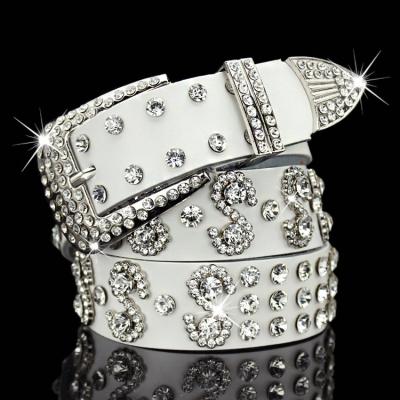 China Cowhide women bling shiny belt rhinestone leather belt ladies bling rhinestone belt for sale