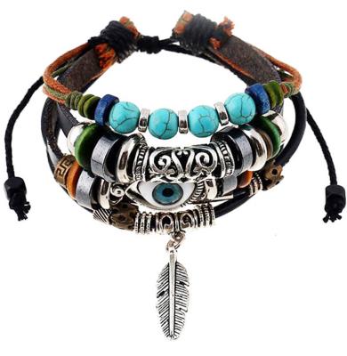 China Punk Available In Stock Blue Eye Charms Leather Bracelet Unisex Multi Layers Alloy Charms Bracelet for sale