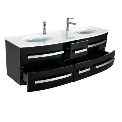 China Modern Curved Double Sink Bathroom Vanity PVC Bathroom Wall Cabinet for sale