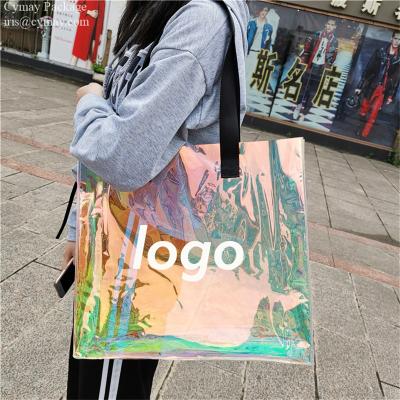 China Custom waterproof stock logo printing rainbow color PVC laser hologram shopping bag for brand store candy bag for sale