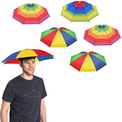 China Minimalist Umbrella Hat With Strap Head Funny Rainbow Umbrella Waterproof Fishing Adjustable Fits For All Ages, for sale