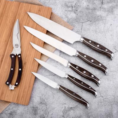 China Viable hot sale high quality 5PCS kitchen knife set with forged ABS handle to include poultry scissors and acacia wood block for sale