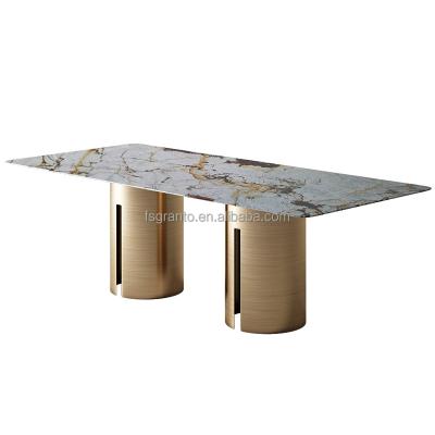 China Easy Clean High End Stainless Steel Frame Dining Table Banquet Furniture Set Long Marble Dining Table for sale