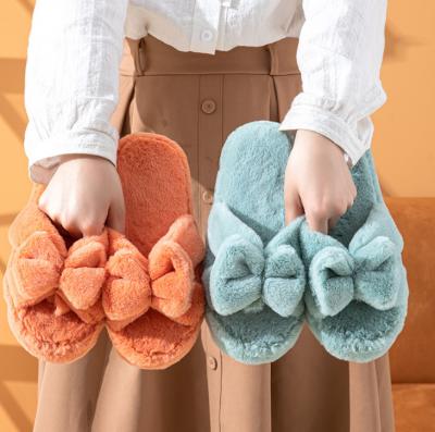 China Cushioning Pure Color Bow-knot Rabbit Fur Open-Toed Women's Indoor Floor Warmth Soft-Soled Fluffy Toe Slippers for sale