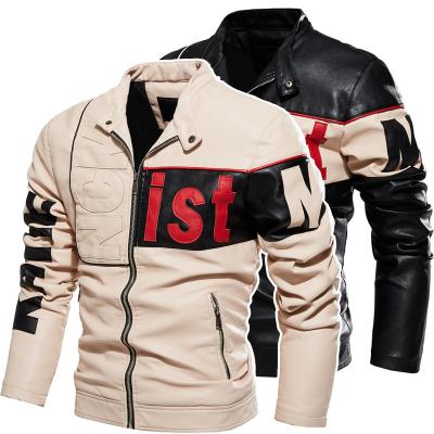 China Breathable Men's PU Motorcycle Leather Jacket Combined Color PU With Velvet Beige Leather Coat Male Leather Jackets For Men for sale