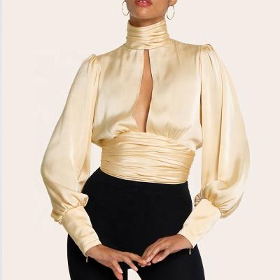 China WOMEN SATIN TOP HALF SHIRT ANTI-SHRINK WITH ADJUSTABLE TIE OFF UPPER CHAMPAGNE NIGHT RUCHED UP SLEEVE POLY SATIN LONG SLEEVE BLOUSE for sale