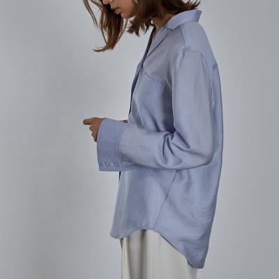 China Light-Breeze Tencel Anti-Shrink Shirt - Women Shirt Light Blue Blouse Curved Edge Button Up Tencel Squishy Shirt for sale