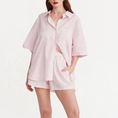 China Anti-shrink button down shirt hem with contrasting wide set women shorts stripes short sleeve shirt blouse for sale