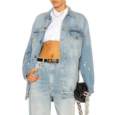 China Women's Breathable Lattice Jacket Wholesale Dropped Shoulder Blue Denim Oversized Jackets Good Quality Women Jackets for sale