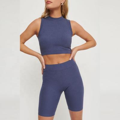 China Breathable Women Navy Sweater Bike Shorts Ribbed Crop Tops With Bike Shorts Set for sale