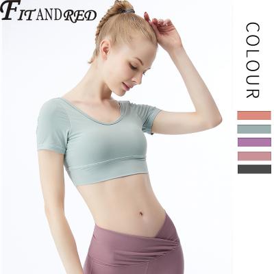 China Professional sports breathable underwear for women with breast pad, yoga vest, short sleeves, T-shirt, tummy-tight, quick-dry running for sale