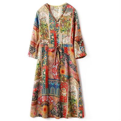 China 2020 V-Neckline Anti-static Bohemian Print Decoration 100% Silk Printing Button Style Beauty Tunic Dress A Line For Ladies for sale