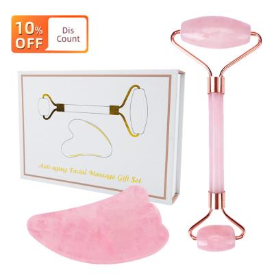 China High Quality Pink Stone Jade Roller Private Label Box Mini Gua Sha Massage Wrinkle Remover Set Face Skin Rose Quartz Jade Roller Anti Aging for sale