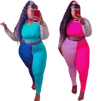 China 2021 Breathable Patchwork Color Plus Size Women Clothing Vendor Sleeve Tops Long And Pants Casual Two Piece Set 4xl for sale