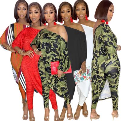 China Anti-wrinkle fashion casual printed 2 piece set women off shoulder plus size two piece pants set clothing 2021 for sale