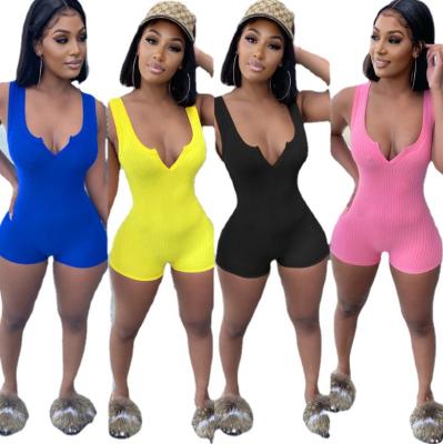 China QUICK DRY V-Neck Summer Bodycon Vest Shorts Overalls Women Short Set Romper One Piece Overalls for sale