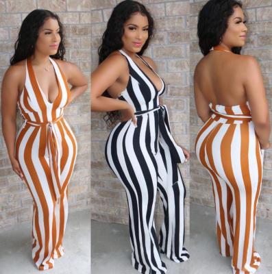 China 2021 Anti-wrinkle Summer Plus Size Women's V-Neck Overalls Stripes Wide Leg Pants One Piece Overalls And Rompers for sale