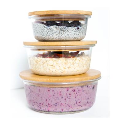 China Microwavable Heated Meal Prep Containers Glass Food Storage With Bamboo Lid Customized Food Storage Glass for sale