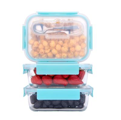 China Microwavable Glass Lunch Box Glass Food Container with Cutlery Meal Prep Storage Container Glass for sale