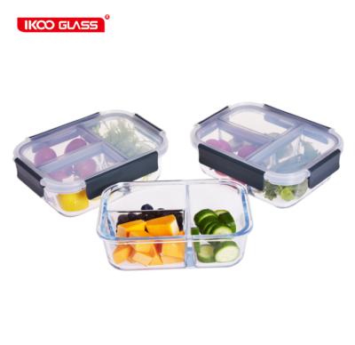 China 3 Compartment Meal Prep Storage Glass Food Container Microwavable Clear Glass Container with Lid for sale