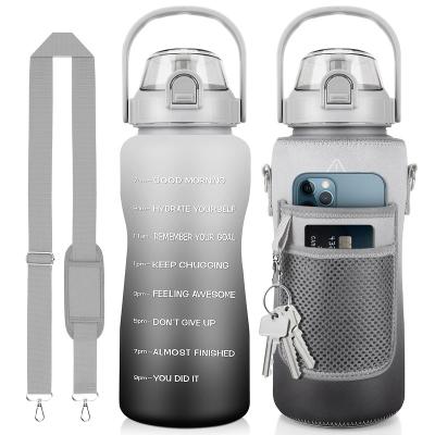 China Stocked 2L 64 oz half gallon bpa free plastic sports motivational water bottle with time marker sleeve and strap for sale