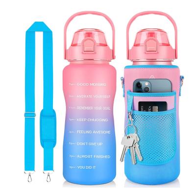 China Stocked 2L 64 oz half gallon bpa free plastic sports motivational water bottle with time marker sleeve and strap for sale