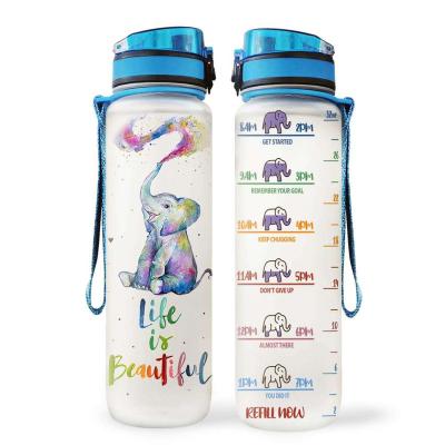 China Stocked Custom logo 1L 32 oz bpa free tritan plastic gym outdoor sports motivational water bottle with time marker and straw for sale