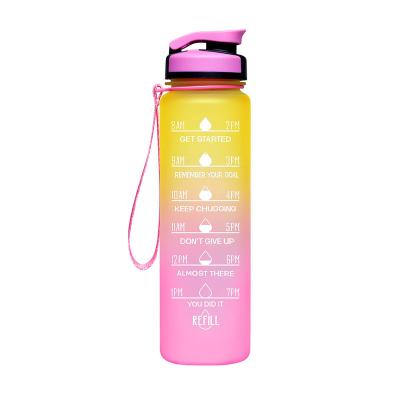 China Stocked Custom logo 1L 32 oz bpa free tritan plastic gym outdoor sports motivational water bottle with time marker and straw for sale