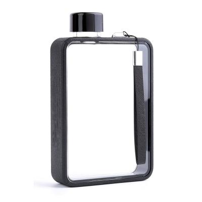 China Stocked Custom logo 380ml 13oz bpa free plastic fashion clear a5 flat water bottle travel flask for girls for sale