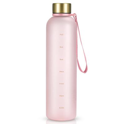 China Stocked Stocked 1L 32 oz bpa free tritan plastic frosted fashion gym outdoor sports water bottle with time marker for sale