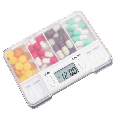 China Eco-Friendly Weekly Organizer Pill Organizer Electronic Timing Reminder Medicine Box Alarm Timer Pill Container 4 Grid Pill Storage Case for sale