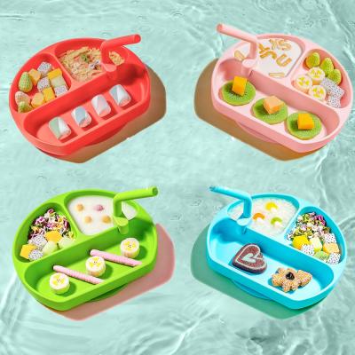 China BPA Logo Dinner Plate Set Creative Customized Free Colored Baby Sucker Silicone Feeding Bowl With Straw for sale