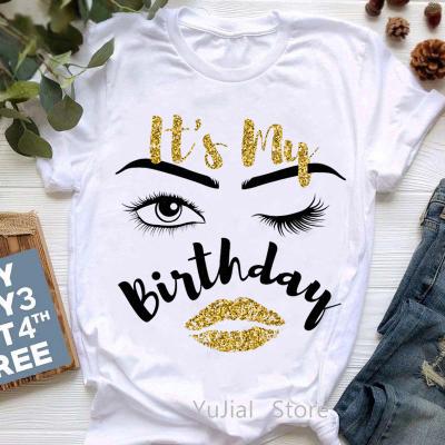 China Viable It's Sexy Gold Lips My Birthday Printing Women's Clothing T-shirt Graphics Women's T-shirt Cool Casual Tshirt Female Complete for sale