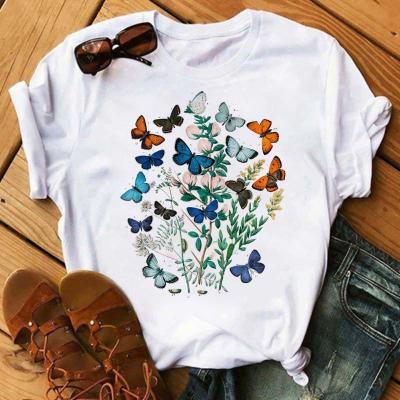 China Viable Women Fashion Flower Butterfly Print T-Shirt Casual Short Sleeve Ladies Tee Tee Top Female Shirt Clothes Womens Graphic T-Shirt for sale