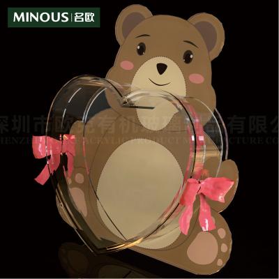 China Eco-friendly Material Shape Clear Heart Flower Acrylic Display Box With Bear Printed Stand for sale