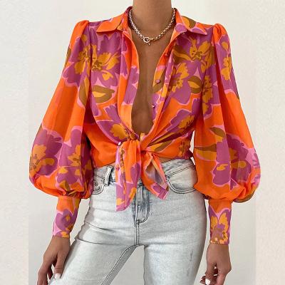 China 2022 Hot Selling Women's Autumn Long Sleeve Breathable Straight Blouse Breathable Straight Lapel Printed Shirt for sale