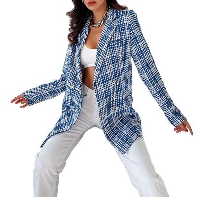 China 2022 autumn new women's short-sleeved wool jacket mid-length three-button suit breathable double-row plaid small for sale