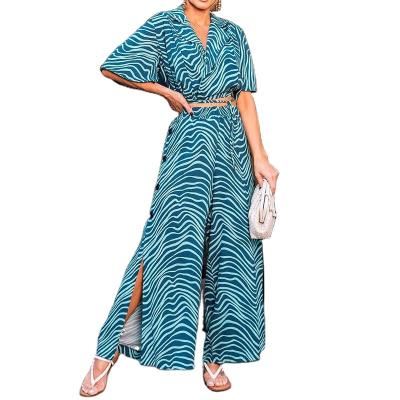 China New Print Viable 2022 Women's Suit Short Sleeve Collar Shirt High Waist Split Wide Leg Pants Two Piece Set for sale