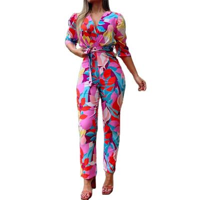 China Women's 2022 Autumn Breathable Border New Products Printed V-Neck Sleeve Tie High-waist Five-point Jumpsuit for sale