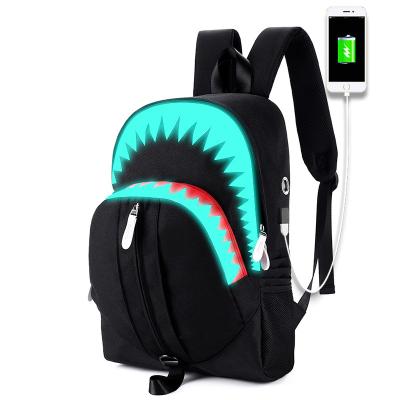 China With Luminous Logo Fashion School Men Women Polyester Black Shark USB Luminous Backpack With Usb Filling for sale