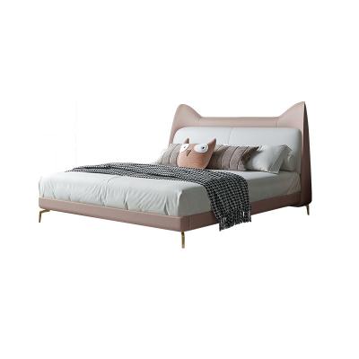 China Modern Genuine Leather Kids Bedroom Bed Frame With Cat Shape Headboard Double Bed Queen Size Pink Color Customized for sale