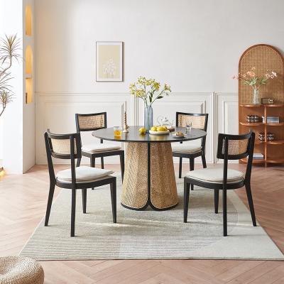 China Black Easy Install Round Dining Table Rattan Wicker Cane Furniture Wood Dining Table Set 4 Chairs Dining Table Sets for sale