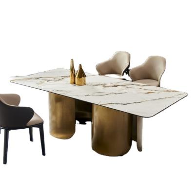 China Italian Style Minimalist Italian Style Council Dining Table Rectangle Gold Stainless Steel Leg Luxury Chipboard Top Dining Table 4 Sillas for sale