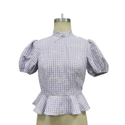 China Factory Wholesale Price Breathable Ladies Plaid Embroidery Short Sleeves Ruffle Fashion Senior 100% Cotton Tops Shirt / Casual Blouse OEM / ODM for sale