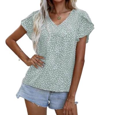 China 100% Polyester Leopard V-Neck Blouse Ruffle Petal Tank Tops Anti-pilling Ladies Ladies Short Sleeve Tops For Women 2022 for sale