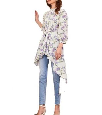 China 2022 fashion ladies clothing anti-pilling 3/4 sleeve blouses custom made blouse tops floral belted woman high low collar for sale