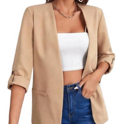 China 2022 Wholesale Anti-Wrinkle Women's Jackets Tops Blazers Ladies No Button Closure Roll Up Three Quarter Sleeve Women Casual Blazer for sale