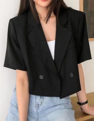 China Anti-wrinkle ladies clothing tops jackets blazers cross sleeve short sleeve women casual crop blazer for sale