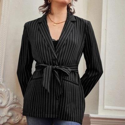 China Custom Made Anti-Wrinkle Women's Blazers Ladies Elegant Stripe Simple Button Self Belted Women Casual Blazer for sale